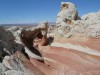 WHITE POCKETS, UTAH/ARIZONA<br>Die 'White Pockets' ist eine fantastische Sandstein Landschaft die zu permanentem Fotografieren herausfordert. Das helle Gestein mit Taschen in denen nach Regen das Wasser steht, haben den Namen gegeben. Das ganze Gebiet zeigt skurrile Formen aus einem Gemisch von weißen und roten Sandsteinschichten. Die Lage ist östlich der 'South Coyote Buttes' 
zwischen Kanab und Page am nördlichen Rand von Arizona.<br>Lieblingsplatz von: <b>B. Goltermann (Text/Bild)</b><br>